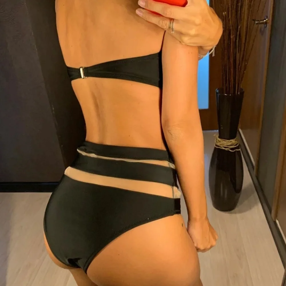 HIGH WAISTED MESH NOTCH FRONT BANDEAU BIKINI Set - Picture 4 of 7